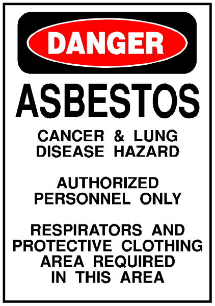 The sign warns of asbestos hazards with cancer & lung disease risks; it's a danger zone for authorized personnel only in this area where respirators must be worn to protect against clothing contamination, and is located near an unauthorized building that requires authorization from the personnel.