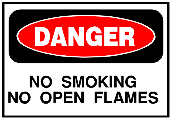 The image shows a sign with text that reads "DANGER NO SMOKING OPEN FLAMES" in black letters on an orange background within two red borders at top and bottom of the rectangle, indicating cautionary measures against smoking near open flames or danger zones where such activities are prohibited.