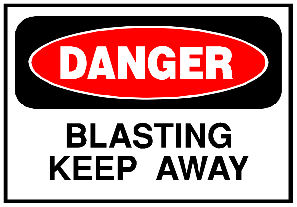 The image shows a sign with text that reads "DANGER" at top followed by an exclamation mark, then below it is another line of text stating "KEEP AWAY." There's also some additional smaller print underneath which says "Blasting away," and the overall style appears to be clip-art.