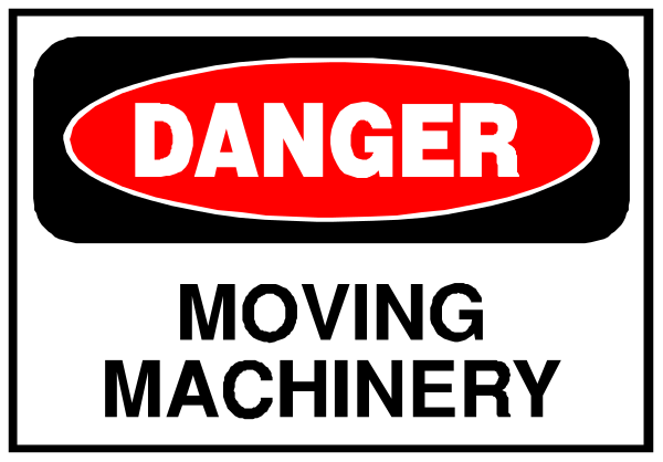 The image shows a sign with text that reads "DANGER MOVING MACHINERY" at its top in bold red letters on an orange background, followed by smaller black lettering stating "Moving machinery." Below this warning is another cautionary message saying "Do not enter," also written in small black font. The style of the image appears to be a simple digital graphic or clip-art representation rather than photographic imagery.