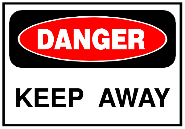 The image shows a black sign with white text that reads "DANGER KEEP AWAY" at its top half and has an arrow pointing to the right side of it where another smaller red sign is attached, which says "KEEP OUT".
