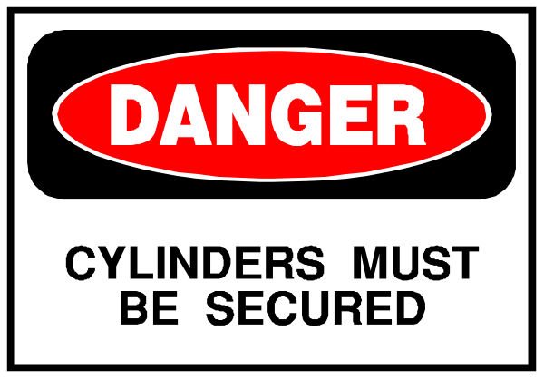 The image shows a danger sign with text that reads "DANGER BE SECURE CYLINDERS MUST NOT BE TAMPERED WITH."