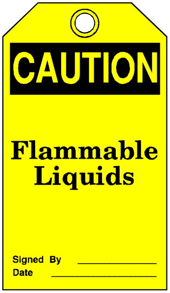 The image shows a yellow caution sign with black text that reads "CAUTION FLAMMABLE LIQUIDS" on it.