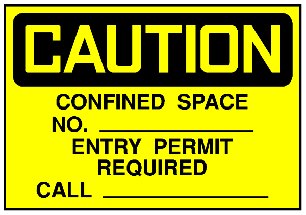 The image shows a caution sign with text that reads "CAUTION CONFINED SPACE NO ENTRY PERMIT REQUIRED CALL 1-800". There is also an additional note stating, "CONTAINMENT AREA DO NOT TAMPER WITH THE SIGNALS OR EQUIPMENT IN THIS ZONE." The sign has a yellow background with black text. It appears to be placed on the side of what looks like a road or pathway in a rural setting due to its placement and surroundings, which are not clearly visible from this angle.