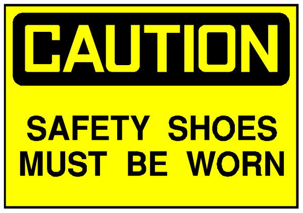 The image shows a sign with caution tape around it that reads "CAUTION SHOES MUST BE WORN."