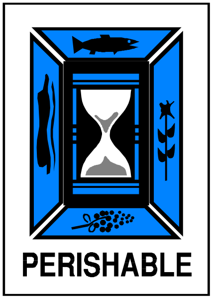 The image shows a postage stamp with an illustration of a fish on top left corner inside a blue border that reads "PERISHABLE." Below this text is a depiction of a window frame containing various items such as grapes, bread loaves, and other foodstuffs in the center. To the right side within another smaller rectangle there's a clock with its hands pointing to 12 o'clock indicating midnight or noon time. The background color behind these elements is white. There are no texts on this part of the image that provide additional information about what "PERISHABLE