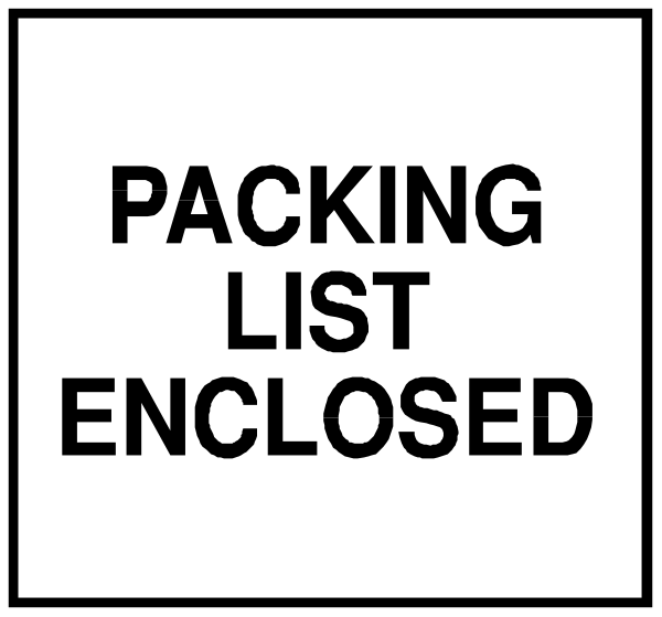 The image shows a white sign with black text that reads "PACKING LIST ENCLOSED" on top of another smaller rectangular sign below it which says "SHIPPING."