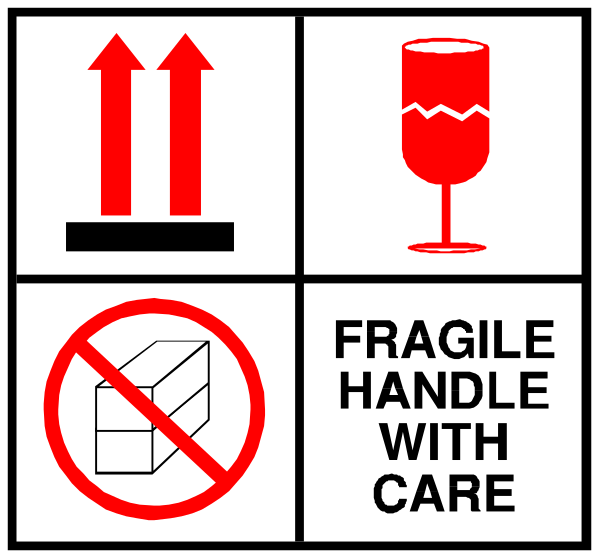 The sign displays a series of symbols: an arrow pointing upwards with two red lines on either side; a wine glass symbolizing fragile items that should be handled carefully; another icon indicating care is needed when handling something, and finally one showing prohibition against smoking or vaping in the area by displaying "no cigarette" sign.