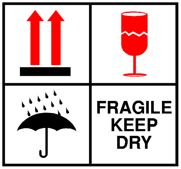 The image shows a collection of four signs with symbols representing different weather conditions: an umbrella for rainy days; a wine glass indicating that fragile items should be kept dry to prevent breakage during wet conditions, and two arrows pointing upwards suggesting temperature fluctuations or extreme heat.