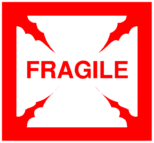 The image shows a red "FRAGILE" sign with an exclamation mark inside it on top of another object that is partially obscured by the text.