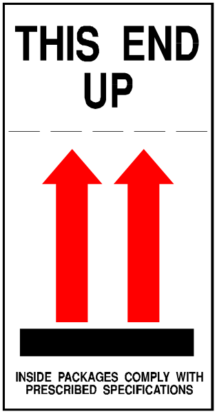 The image shows a sign with text that reads "THIS ENDS UP" at top followed by two arrows pointing upwards in red boxes labeled 'prescriptions' on either side of an arrow indicating to go inside packages, and below it is written 'complies with specifications'.