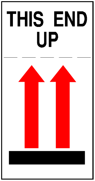 The image shows a sign with text that reads "This Ends Up" atop two red arrows pointing downwards on either side of an arrow pointing upwards in black coloring.