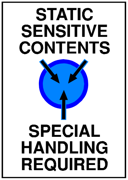 The image shows a sign with text that reads "Static Sensitive Contents" pointing to an arrow indicating special handling required for sensitive items in blue circle on right side of poster.