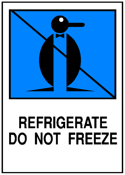 The sign says "do NOT freeze refrigerator." It features a penguin icon with an arrow pointing to it from above.