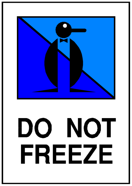 The image shows a sign with text that reads "DO NOT FREEZE" on it along with an illustration of a penguin wearing sunglasses standing next to some ice cubes labeled 'FREEZ'.