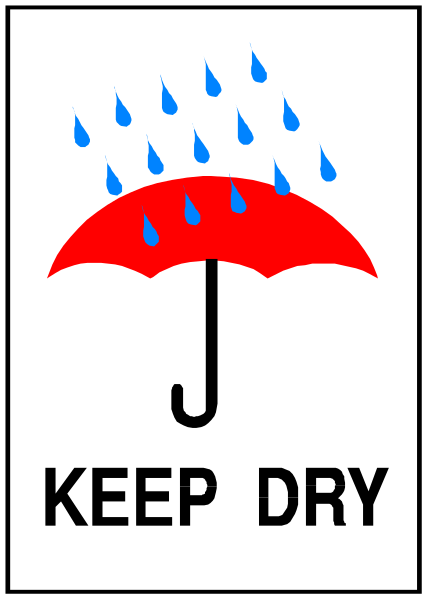 The picture shows a red umbrella with raindrops falling from it on top of an open sign that says "keep dry."