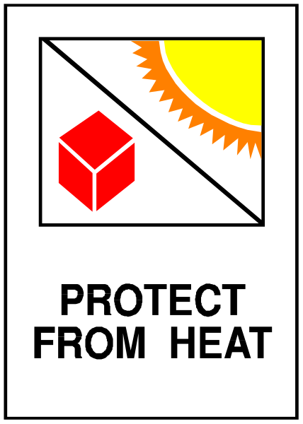 The image shows a sign with text that reads "PROTECT FROM HEAT" accompanied by an icon of sun protection factor (SPF) 30+ in red box on left side; below it, there's another smaller picture showing a white square and inside is a black cube. On the right side, at bottom corner, there are two pictures: one depicts a yellow circle with rays emanating from top to represent sunshine, while next to it is an icon of heat or temperature symbolized by red box on left side; below it, there's