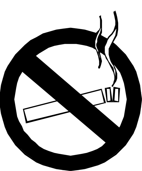 The black and white logo features a cigarette with smoke coming out of it crossed by an arrow pointing to "No smoking" sign in red circle on gray background.