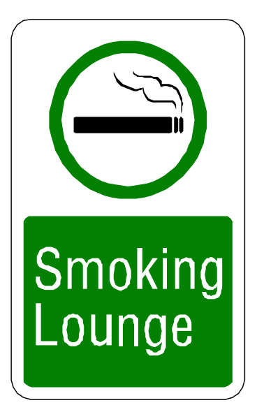 The sign says "smoking lounge" with a green circle around it indicating prohibition of smoking inside that area.