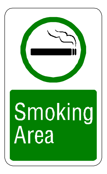 The image shows a sign with text that reads "SMOKING AREA" on top of it, indicating where smoking is allowed; below this message there's an icon depicting a cigarette in a circle crossed out by diagonal lines to represent prohibition or no-smoking zone.