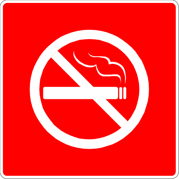 The image shows a red sign with white text that reads "No smoking" inside of it.