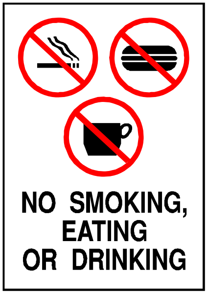 The sign prohibits smoking, eating, drinking, no parking, and has a picture of food on it.