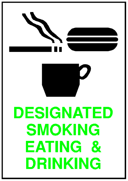 The sign says "designated smoking eating & drinking" with a coffee cup icon next to it on top of an image that looks like smoke from cigarettes below it.
