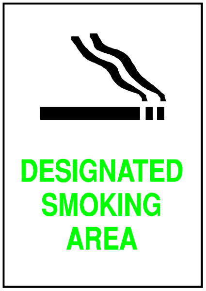 The sign says "designated smoking area" with a cigarette symbol on it.