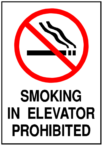 The sign prohibits smoking on an elevator with a cigarette symbol crossed out by red line through it.