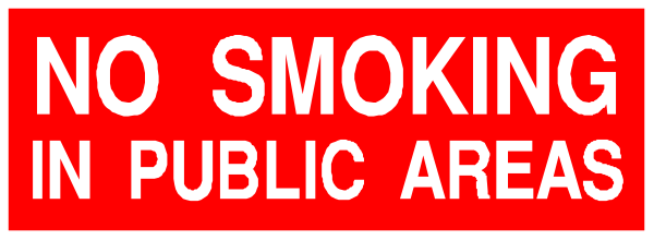 The image shows a sign that reads "NO SMOKING IN PUBLIC AREAS" with an arrow pointing to smoking areas in public places.