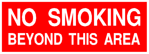 The image shows a sign with text that reads "NO SMOKING BEYOND THIS AREA" against an orange background within another rectangle of red coloring.