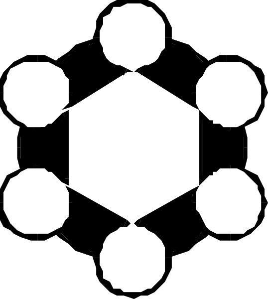 The image shows a black and white logo with an abstract design resembling interconnected shapes forming what appears to be a hexagon-like structure at its center, surrounded by smaller circles that could represent stars or planets in space.