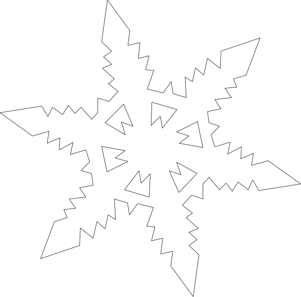 The black and white silhouette of a snowflake with six points radiating from its center against an empty background.