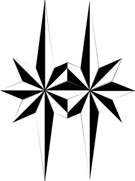The black and white photo shows a stylized depiction of an abstract design with geometric shapes resembling stars against a dark background on one side and what appears to be a light source emanating from it, creating contrasting brightness in its wake.