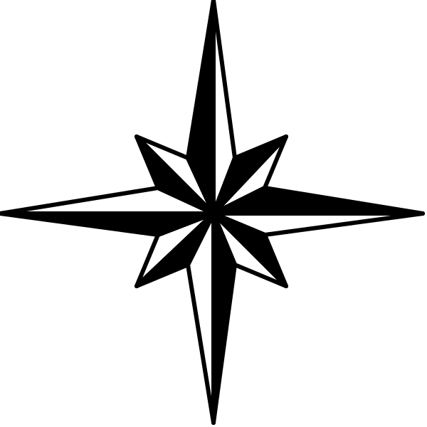 The black and white graphic features a compass rose with eight cardinal points marked by stars at each corner of an octagon shape against a dark background.