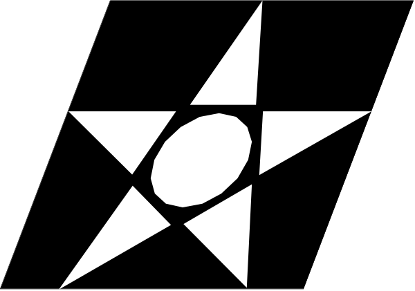 The image shows a black and white logo with an abstract design that includes geometric shapes resembling stars within what appears to be a shield-like emblem on top of two horizontal lines forming a banner shape, all set against a grey background.