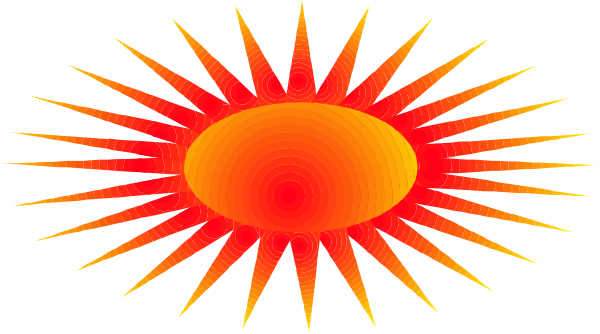 The image shows a stylized sun with rays emanating from it against an orange background on top of what appears to be a gray surface.