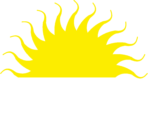 The image shows a stylized sun with rays extending outward against a dark background on top of what appears to be an abstract representation resembling water below it.
