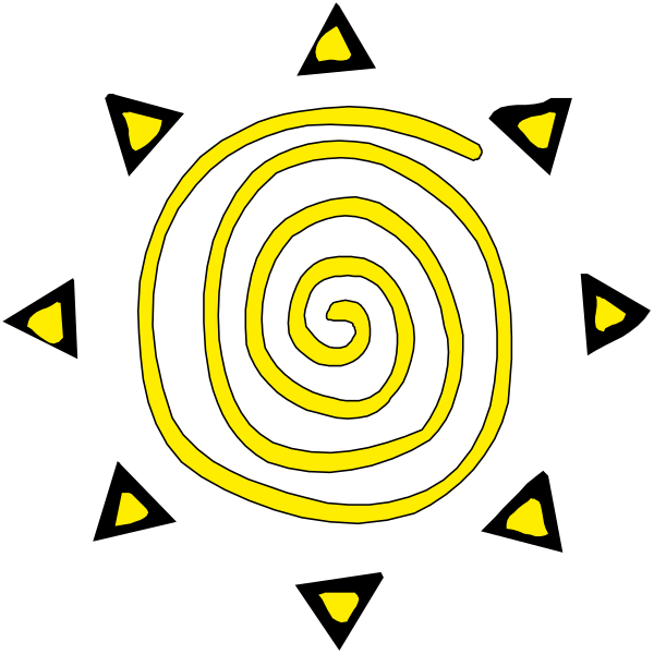 The image shows a black background with an abstract yellow spiral design at its center surrounded by four sunburst shapes radiating outward from it in each cardinal direction: north, south, east, west.