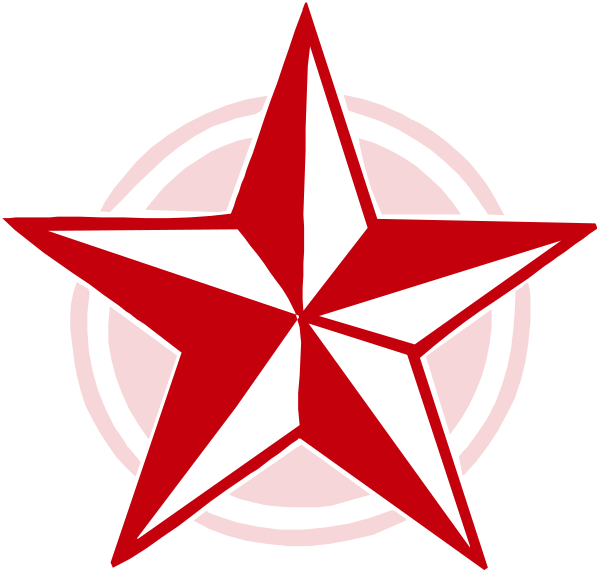 The image shows a red star with white edges inside an oval shape on top of another smaller circle that has two lines crossing through it diagonally from opposite corners to form an X-like symbol in pink, all set against a black background.