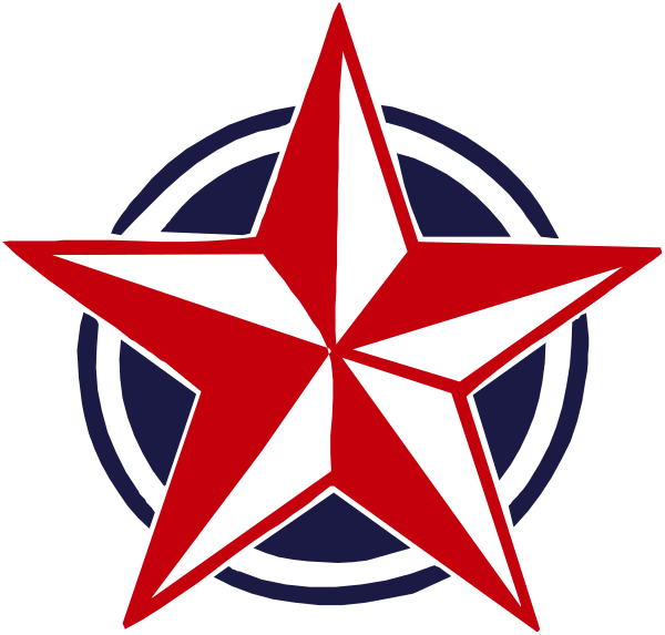 The image shows a red star with white points inside it on top of an emblem that resembles a shield-like design featuring two crossed swords in blue above what appears to be a circular badge, all set against a dark background.