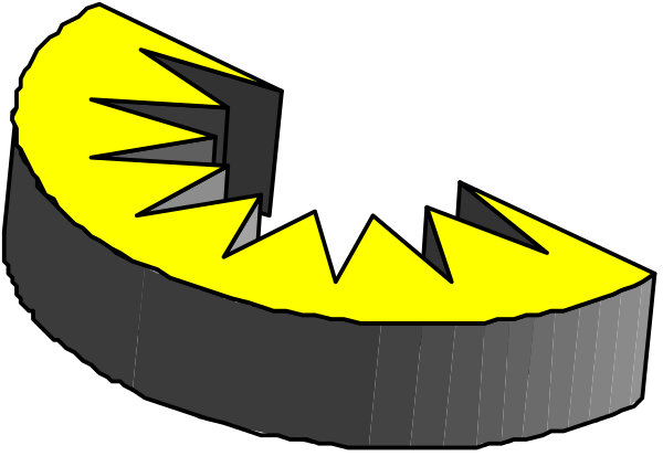 The image shows a pair of yellow teeth with sharp edges against a black background.