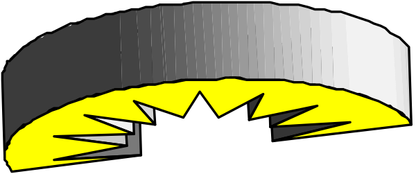 The image shows a black and white logo with an abstract design that includes what appears to be two overlapping circles forming part of a larger shape resembling a stylized letter 'C' in yellow color, set against a gray background.