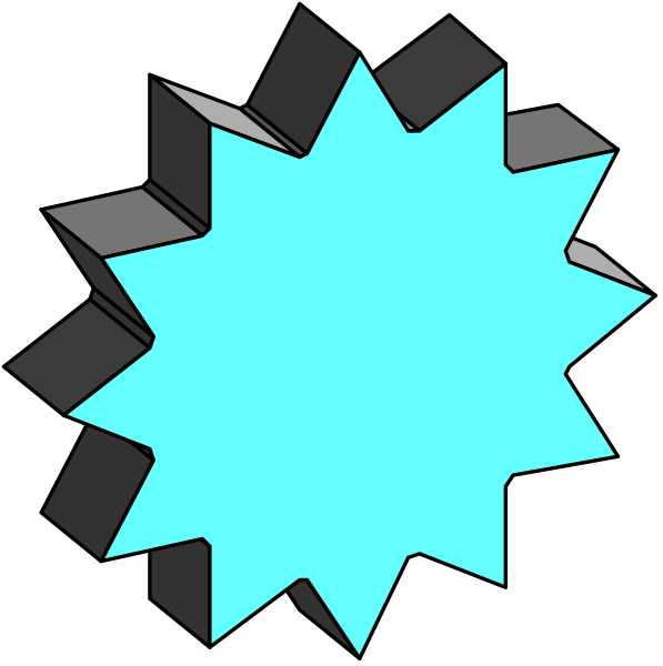 The image shows two different representations of a blue starburst graphic with black outlines against white backgrounds; on top is an exploded view showing multiple segments radiating from one point to create a three-dimensional effect, and below it appears as a flat design without any depth or shading.