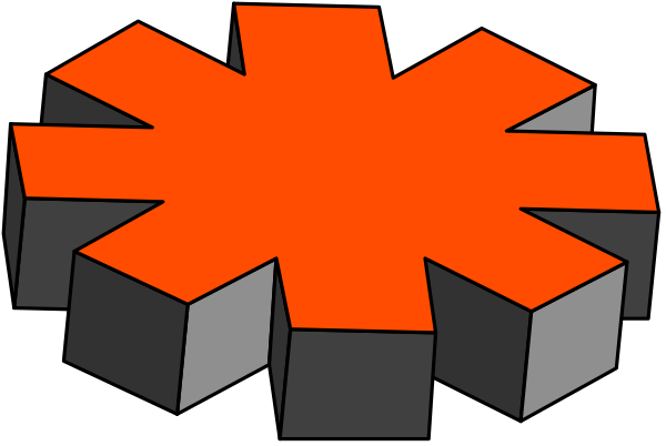 The image shows a red starburst graphic with black outlines of various shapes around it on what appears to be an abstract background that resembles blocks in different shades of gray.