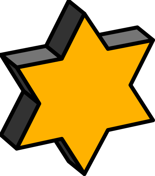 The image shows a stylized graphic of an orange Star of David with black outlines on it against a grey background.