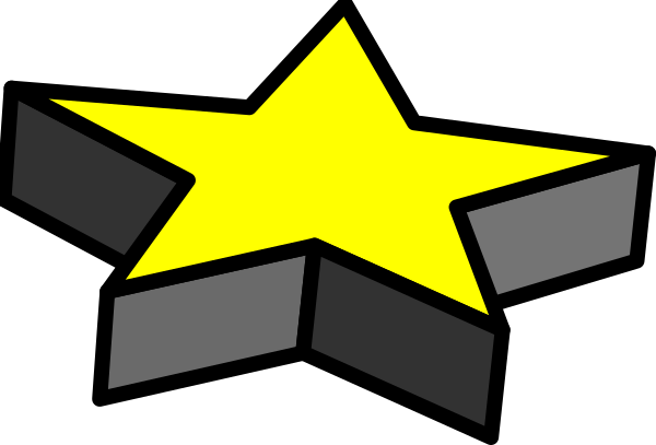 The image shows a black star with yellow highlights on it inside an abstract shape that resembles three blocks stacked together in front of what appears to be two other shapes forming another block-like structure behind them, all set against a gray background.