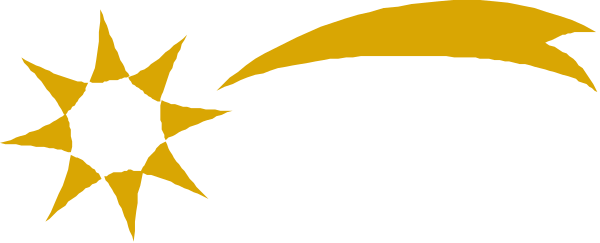 The image shows a stylized graphic of an abstract sun with rays extending outward from its center against a dark background, resembling stars in space.