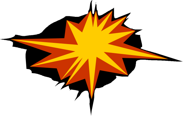 The image shows a cartoon explosion with bright yellow flames against a black background.