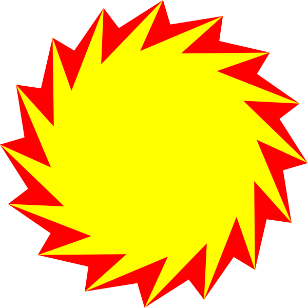 The image shows a yellow explosion with red sparks against a black background.